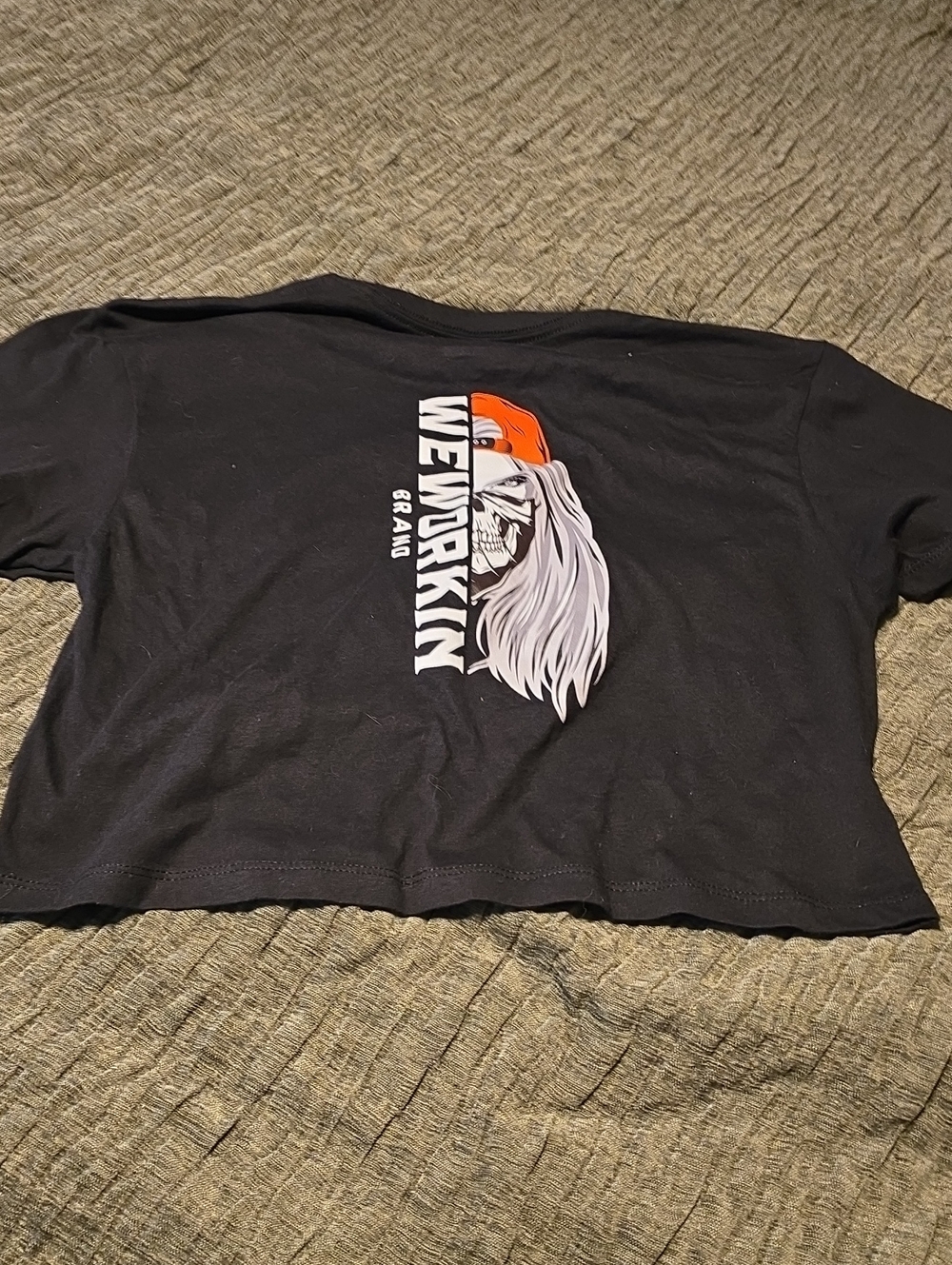 Buckle Black Graphic Crop Top with White and Orange Print